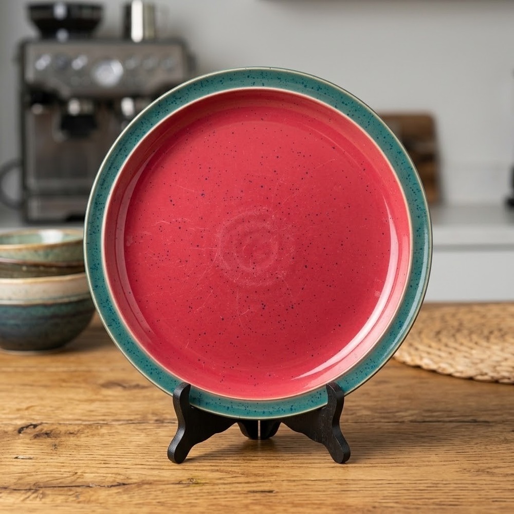 Vtg Denby Harlequin Red Blue Handcrafted Speckled Stoneware Dinner Plate England